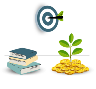 i libri che rappresentano la conoscenza dell' educazione finanziaria un bersaglio di freccette che rappresenta gli obiettivi finanziari e una montagnetta di soldi con una piantina che rappresenta la crescita del risparmio 